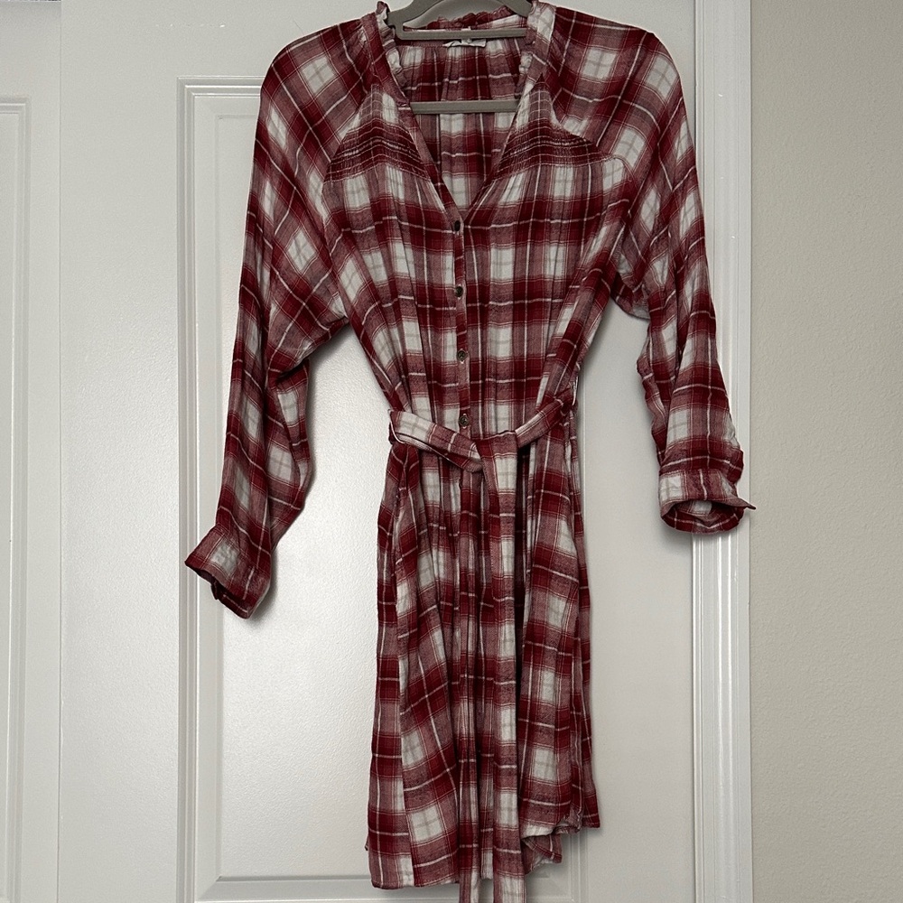 Red Plaid Button-Front Shirt Dress